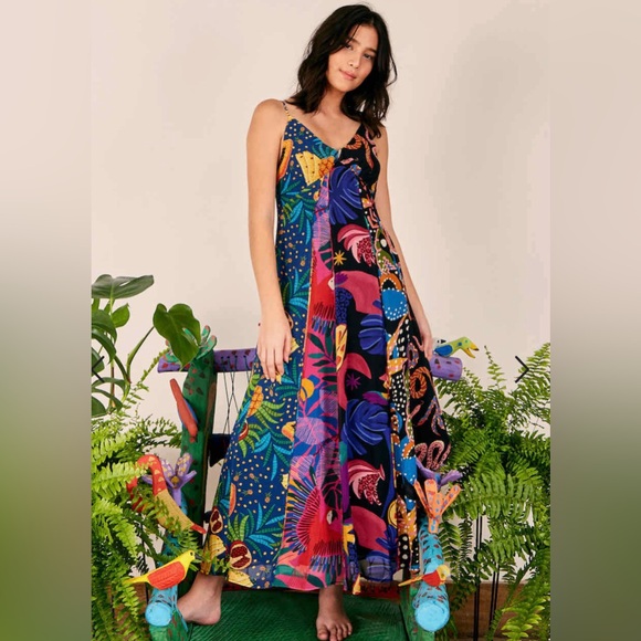 FARM Rio | Dresses | Farm Rio Dark Mixed Prints Tiered Maxi Dress Size ...